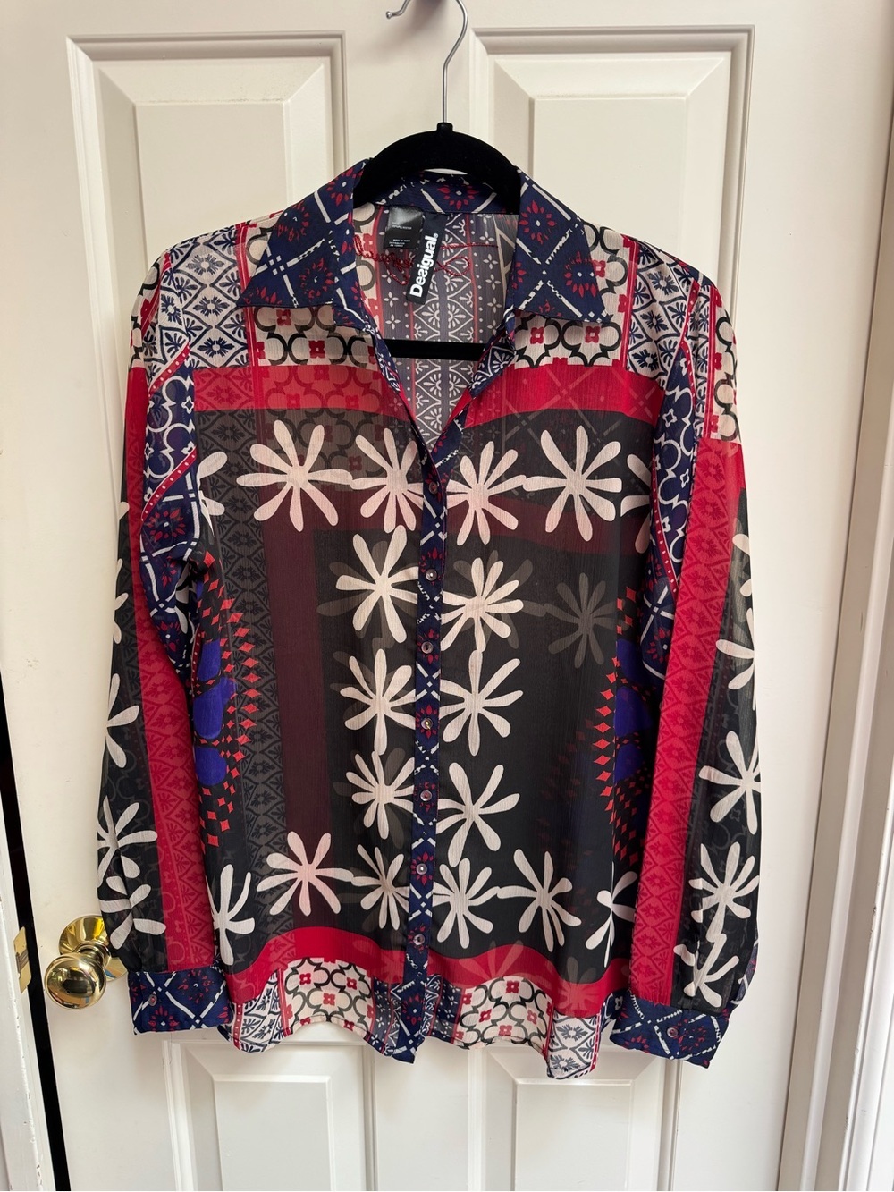 Desigual Navy, Red & White Patterned Button-Up Blouse